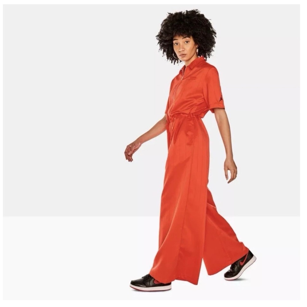 Jordan Flight Suit Jumpsuit Womens M Red Pinstripe Satin Full Zip Wide Leg